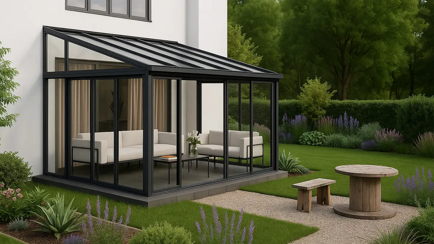 Moderne glasveranda tilknyttet et hvidt hus, omgivet af en frodig have med blomstrende planter, grusgange og rustikt træmøbel i en rolig baggård