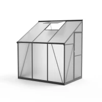 Sort aluminium drivhus med klare polycarbonatplader og enkelt h&aelig;ngslet d&oslash;r