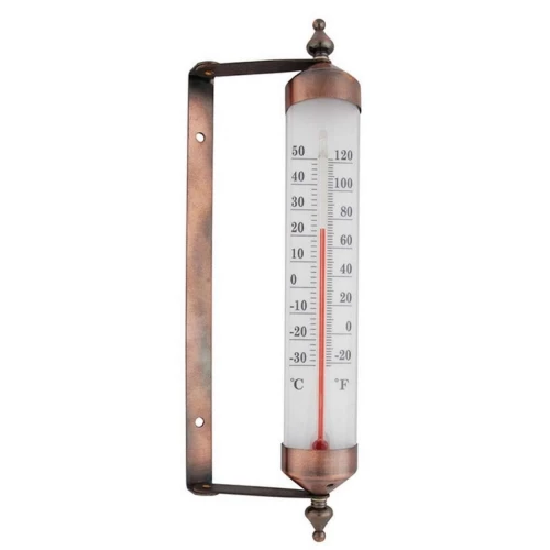 Udendørs vægtermometer i kobber – klassisk og dekorativt Vægmonteret udendørs termometer i kobberfinish med glasrør og temperaturvisning i °C og °F